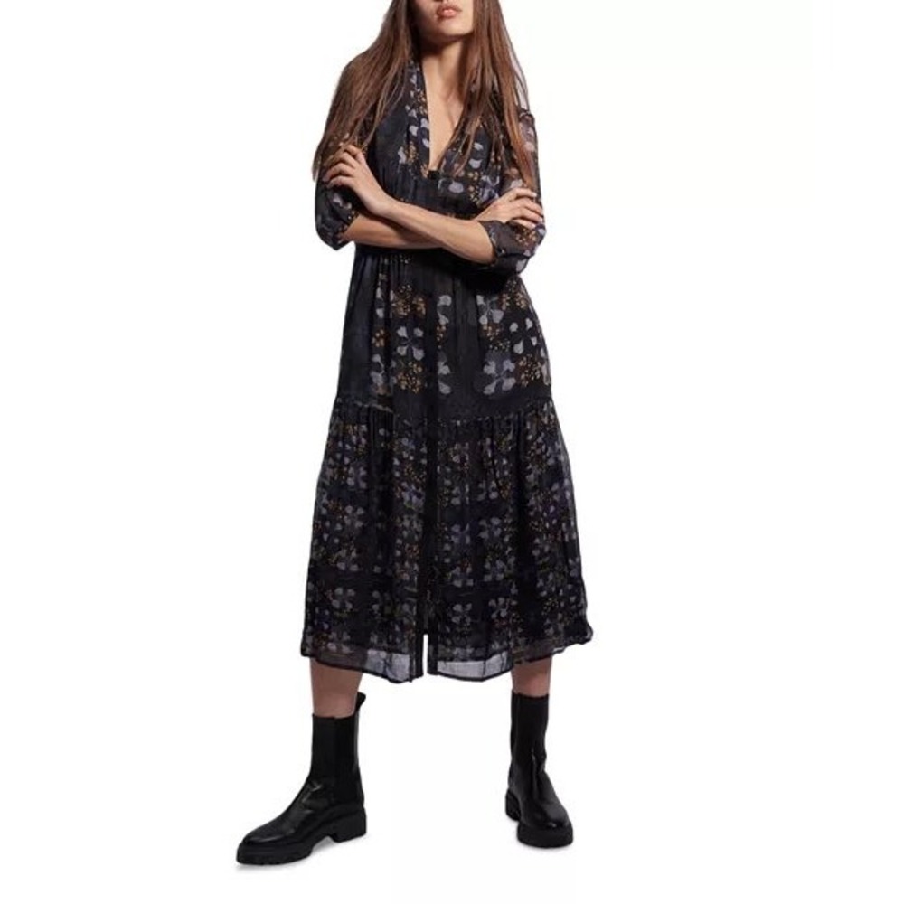 Ba&Sh Haline Dress Women Size M Night NWT Floral Midi Tiered V-Neck $420 boho